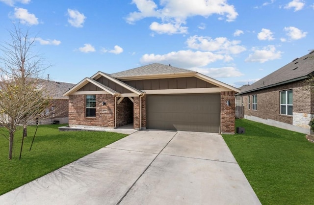 view of front of property with a garage, board and batten siding, concrete driveway, and a front yard