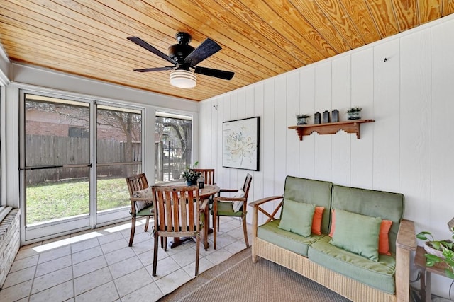 sunroom featuring wood ceiling and ceiling fan