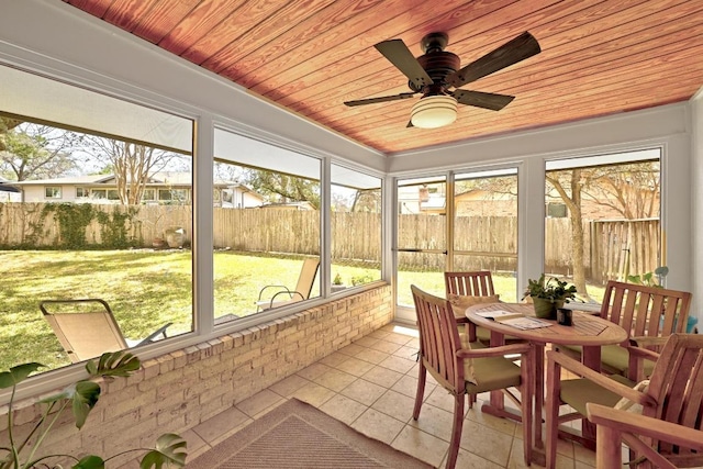 sunroom / solarium featuring wood ceiling and a ceiling fan