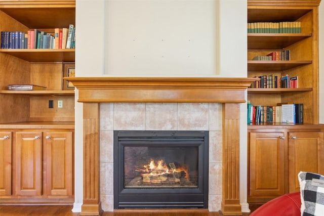 interior details featuring wood finished floors and a fireplace