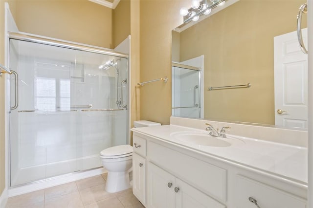 full bath with tile patterned flooring, a shower stall, toilet, and vanity