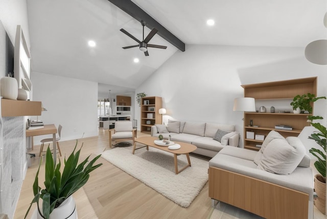 living room with recessed lighting, light wood-type flooring, beam ceiling, and a ceiling fan