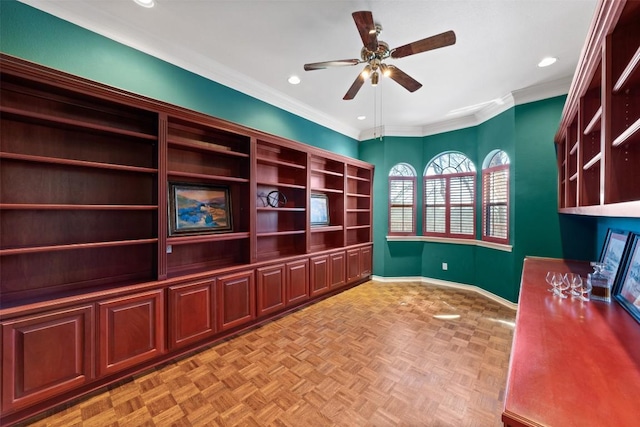 unfurnished office with recessed lighting, crown molding, baseboards, and ceiling fan