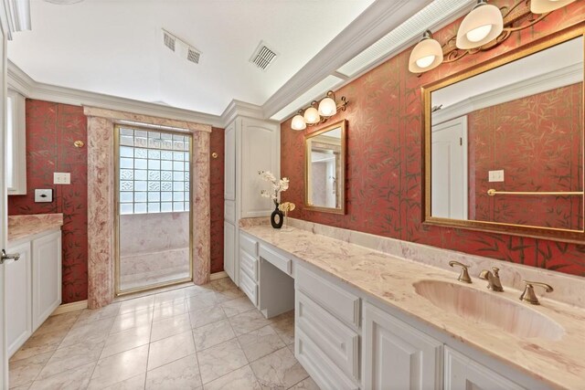 bathroom featuring visible vents, vanity, and wallpapered walls