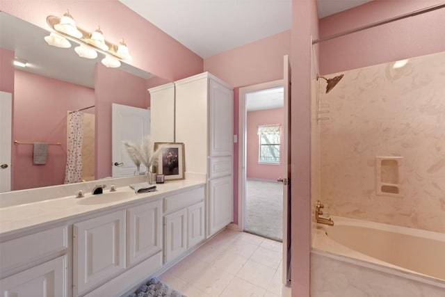 full bathroom featuring vanity and shower / tub combo with curtain