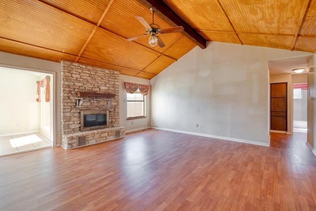 unfurnished living room with wood finished floors, a fireplace, and wooden ceiling