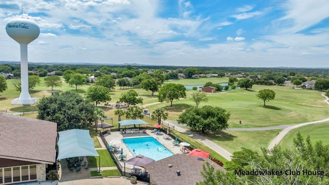 bird's eye view with view of golf course