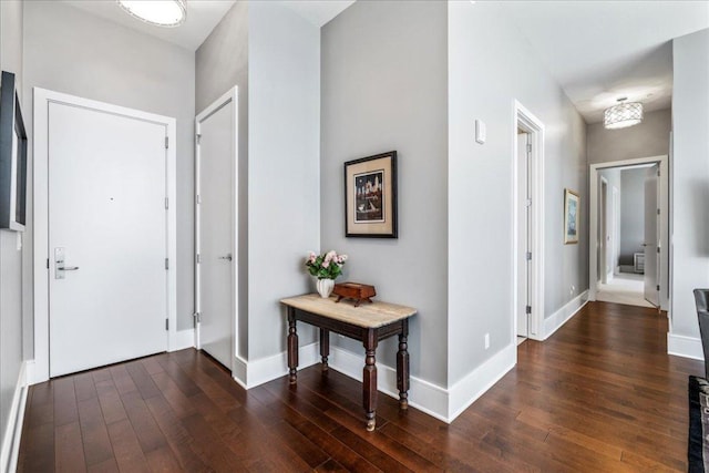 foyer with baseboards and dark wood-style flooring