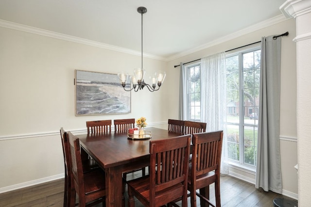 dining area featuring baseboards, plenty of natural light, dark wood finished floors, and ornamental molding