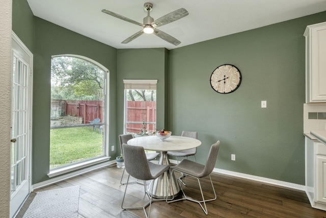 dining area featuring a ceiling fan, wood finished floors, and baseboards