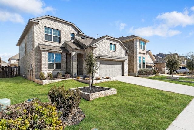 view of front of house featuring brick siding, concrete driveway, a front yard, and fence