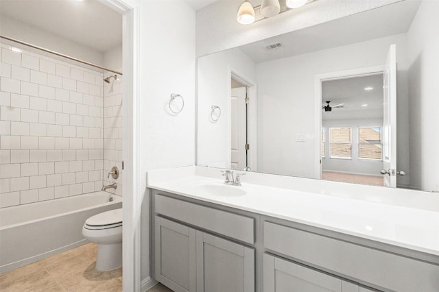 bathroom with visible vents, shower / washtub combination, toilet, vanity, and a ceiling fan