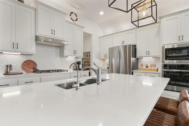 kitchen featuring under cabinet range hood, light countertops, decorative backsplash, appliances with stainless steel finishes, and a sink