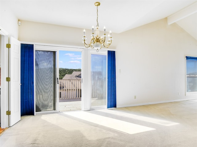 empty room with baseboards, a notable chandelier, vaulted ceiling with beams, and carpet flooring