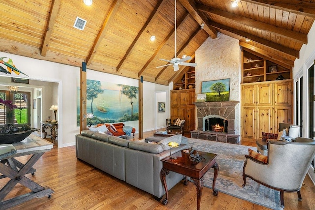 living room featuring visible vents, built in shelves, wood finished floors, wooden ceiling, and a fireplace