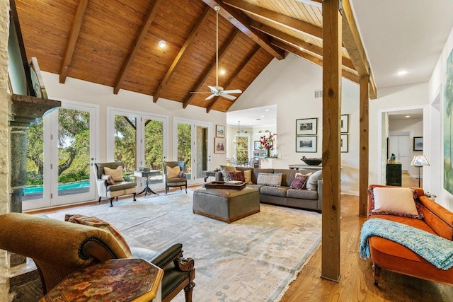 living room with beam ceiling, wooden ceiling, high vaulted ceiling, and wood finished floors