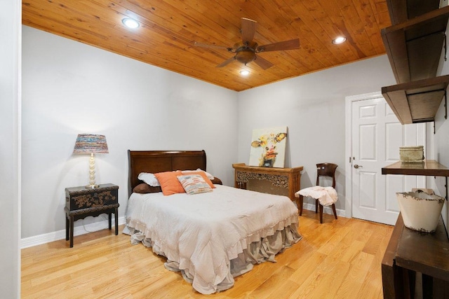 bedroom featuring recessed lighting, wood ceiling, baseboards, and light wood finished floors