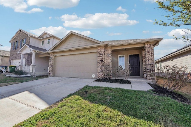 view of front of home with brick siding, driveway, a front yard, and a garage