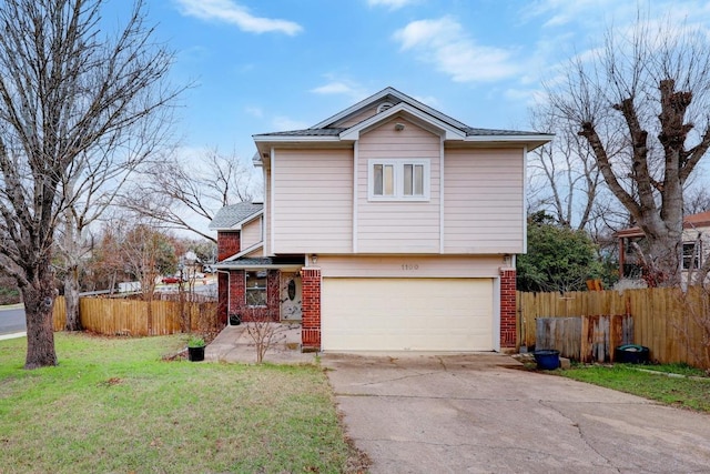 view of front of home with brick siding, driveway, and fence