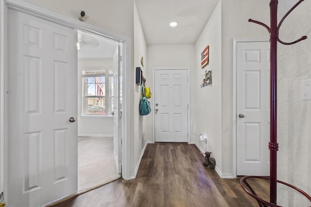 entryway featuring dark wood-style floors and baseboards