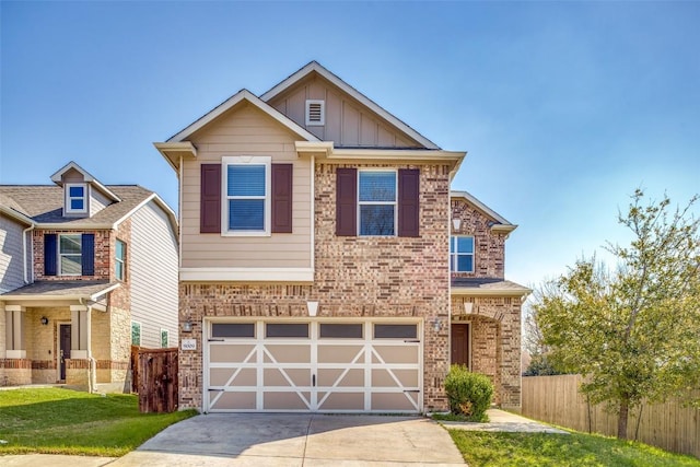 craftsman-style home featuring fence, board and batten siding, concrete driveway, a garage, and brick siding