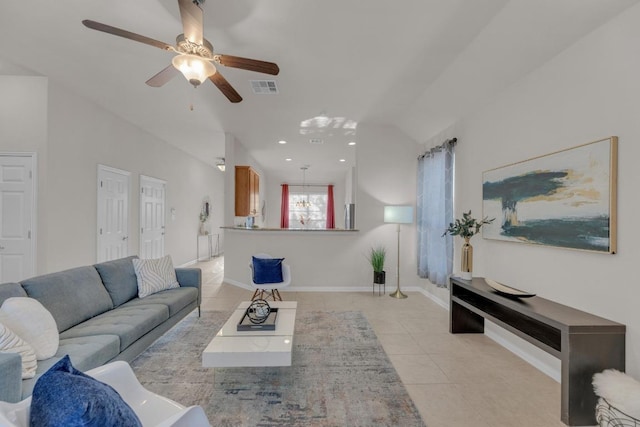 living room with visible vents, recessed lighting, light tile patterned floors, baseboards, and ceiling fan