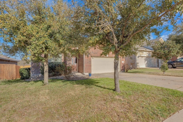 obstructed view of property with driveway, fence, a front yard, a garage, and brick siding