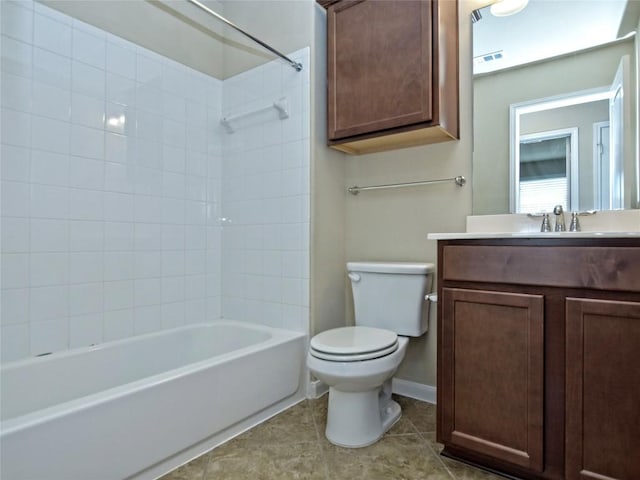 bathroom with tile patterned flooring, visible vents, toilet, shower / bath combination, and vanity