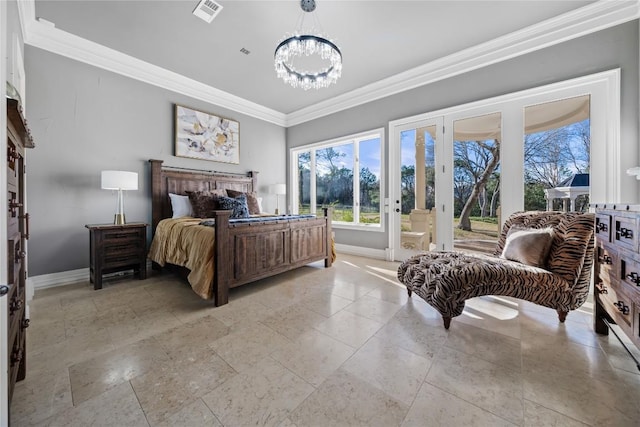 bedroom featuring baseboards, visible vents, access to exterior, crown molding, and a chandelier