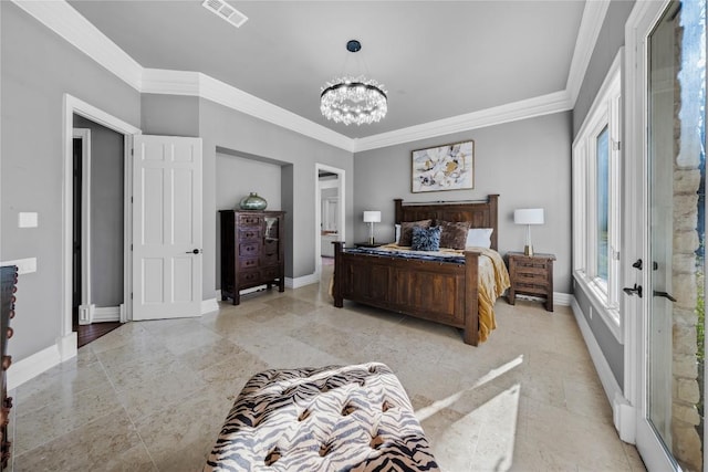 bedroom with visible vents, baseboards, a notable chandelier, and crown molding