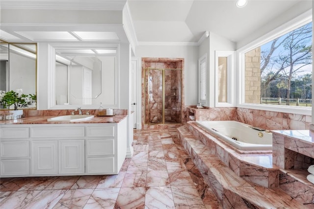 full bath with a stall shower, ornamental molding, a tub with jets, vanity, and vaulted ceiling