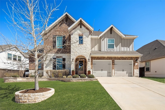 view of front of property featuring a front lawn, stone siding, board and batten siding, concrete driveway, and brick siding