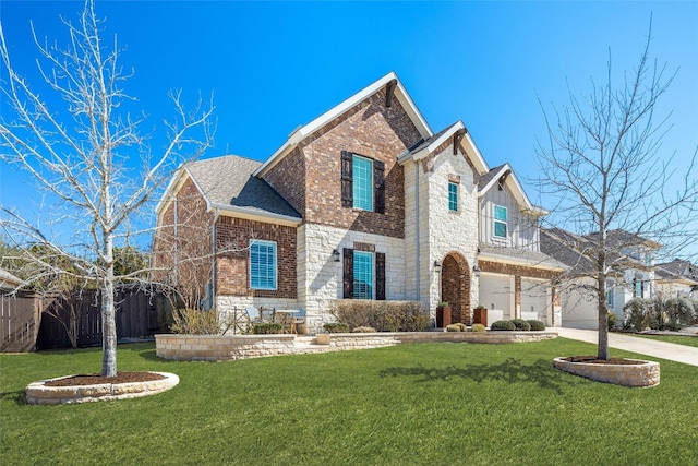 traditional-style house featuring a front yard, driveway, brick siding, and stone siding