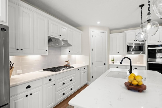 kitchen featuring under cabinet range hood, white cabinetry, stainless steel appliances, and a sink