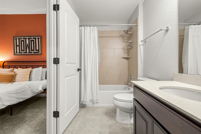 full bath featuring tile patterned floors, toilet, ensuite bath, vanity, and a textured wall