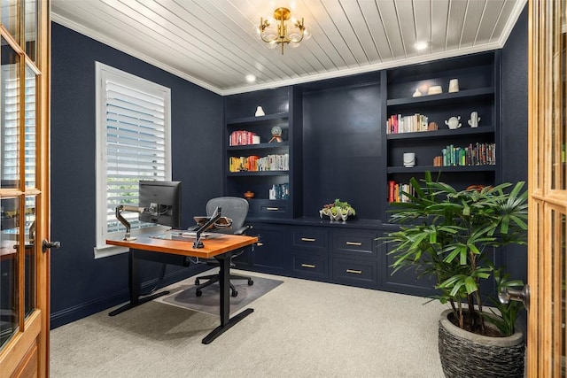 office with built in shelves, carpet floors, crown molding, a notable chandelier, and wooden ceiling