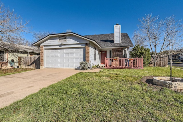 view of front of property with brick siding, concrete driveway, a front yard, a chimney, and a garage