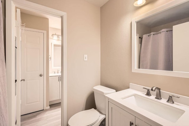 bathroom with toilet, vanity, and wood finished floors