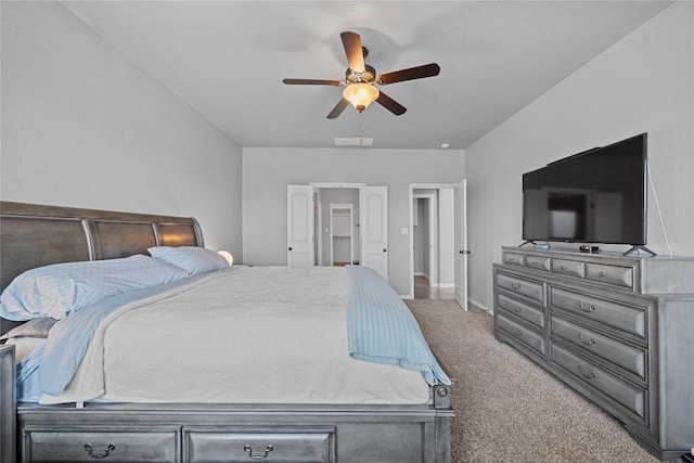 bedroom featuring visible vents, baseboards, ceiling fan, and carpet floors