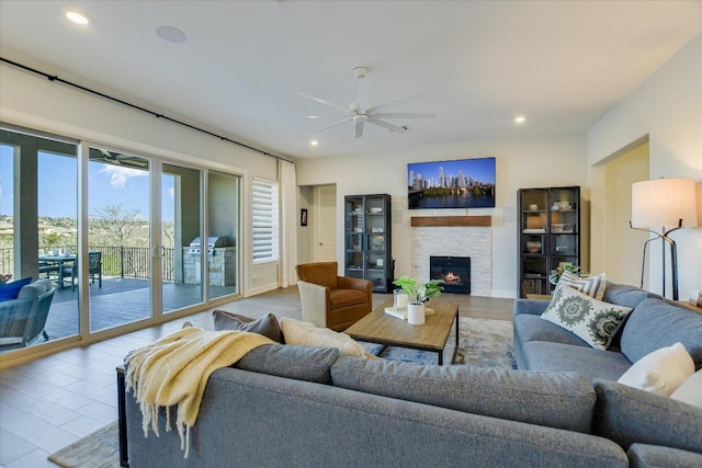 living area featuring wood finished floors, recessed lighting, and a fireplace