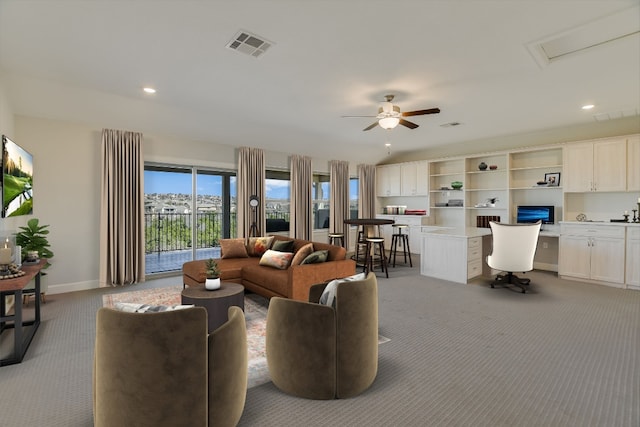 carpeted living room with visible vents, recessed lighting, a ceiling fan, and baseboards