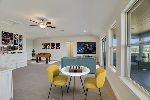 playroom with visible vents, lofted ceiling, carpet, and baseboards