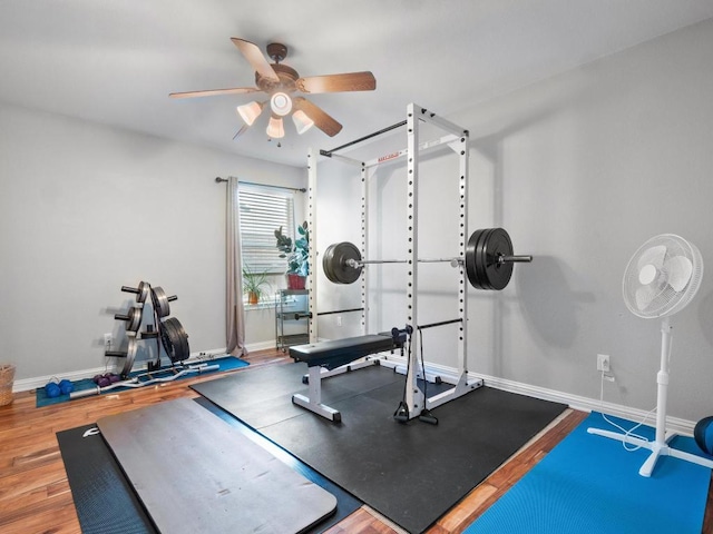 exercise room with ceiling fan, baseboards, and wood finished floors