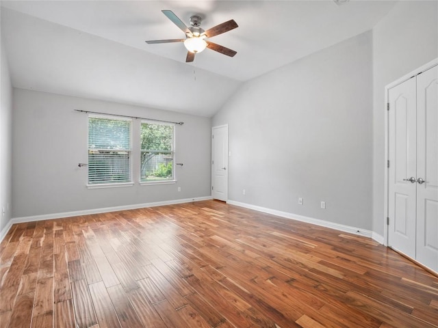 802 Wood Mesa Dr, Round Rock, TX 78665 - unfurnished room with ceiling fan, wood finished floors, and vaulted ceiling