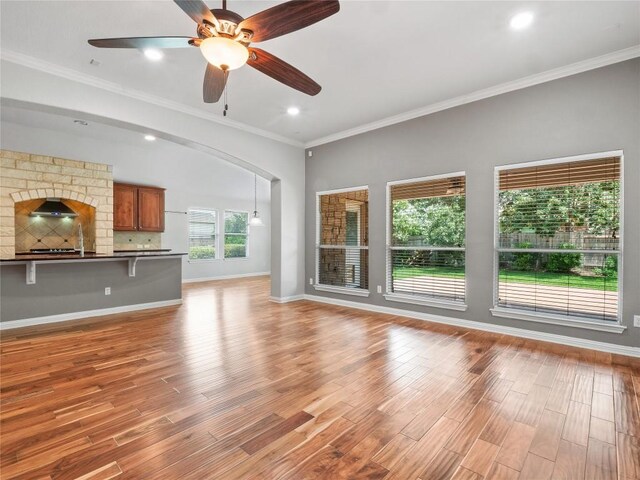 802 Wood Mesa Dr, Round Rock, TX 78665 - unfurnished living room with light wood-style flooring, ornamental molding, recessed lighting, a ceiling fan, and arched walkways