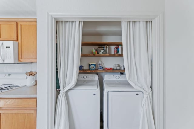 clothes washing area with washer and dryer and laundry area