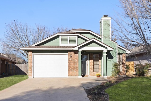 view of front of house featuring brick siding, driveway, a garage, and fence