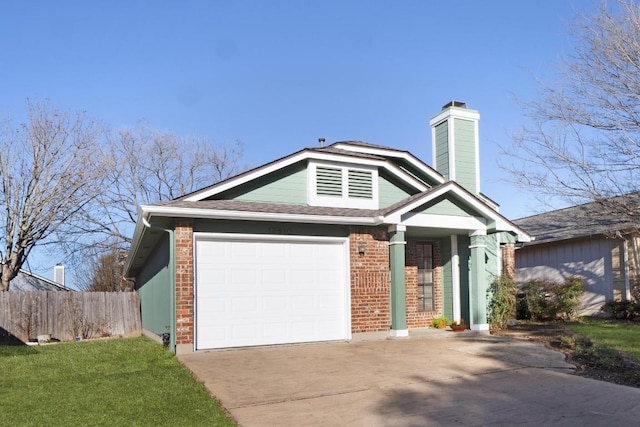 view of front facade featuring a garage, brick siding, driveway, and fence