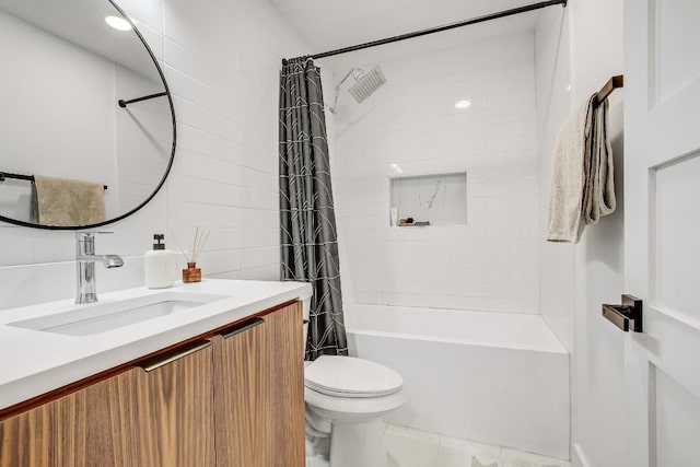 bathroom featuring vanity, decorative backsplash, tile walls, toilet, and shower / tub combo with curtain