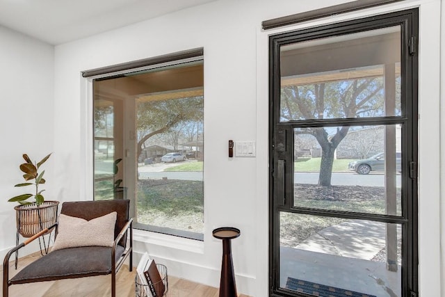 doorway with wood finished floors, baseboards, and a healthy amount of sunlight